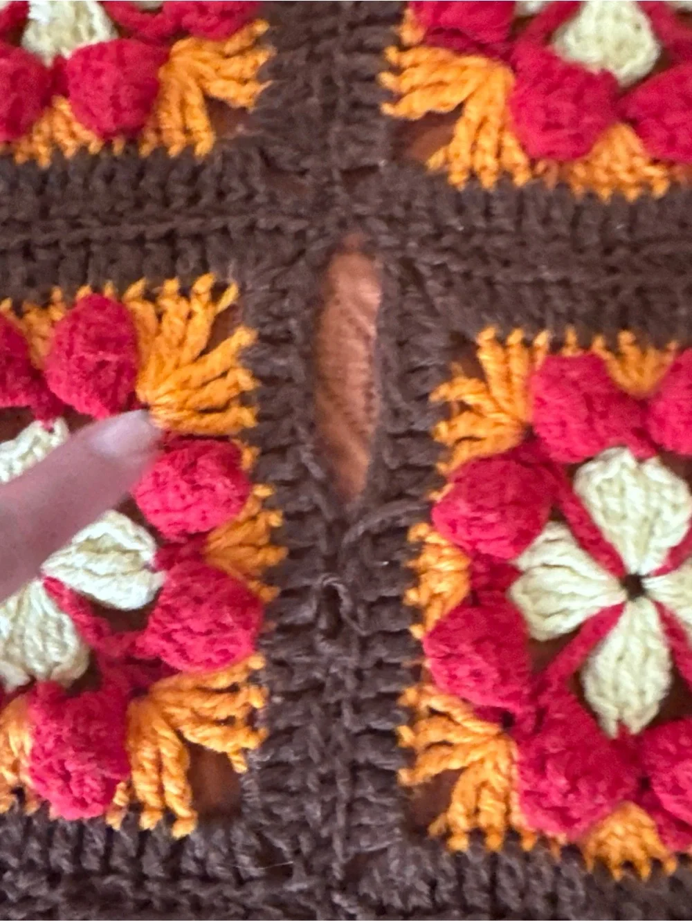 Handmade Crochet Granny Square Afghan Throw 94x51 Floral Brown Red Orange AS-IS